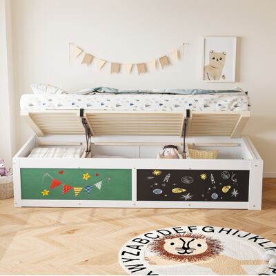 BEAOK Cama De Madera Blanca 90x200 Cm Con Almacenamiento Hidráulico, Pizarra Y Hueco Para Libros BEAOK Cama De Madera Blanca 90x200 Cm Con Almacenamiento Hidráulico, Pizarra Y Hueco Para Libros