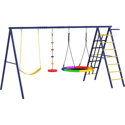 LIIYIELA Conjunto De Columpios Exteriores 6 En 1 Con 3 Columpios, Aro De Baloncesto, Escalera Y Red Para Trepar, Multicolor. LIIYIELA Conjunto De Columpios Exteriores 6 En 1 Con 3 Columpios, Aro De Baloncesto, Escalera Y Red Para Trepar, Multicolor.