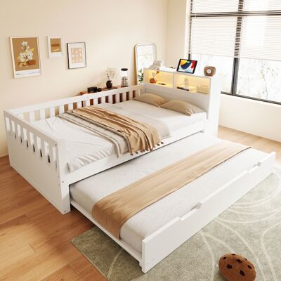 JHY DESIGN Cama Multifuncional De Madera De 90 X 200 Cm, Con Cama Nido, Estante Y Compartimento De Almacenamiento, Equipada Con Toma De Corriente, Iluminación Led Y Barandilla De Seguridad. JHY DESIGN Cama Multifuncional De Madera De 90 X 200 Cm, Con Cama Nido, Estante Y Compartimento De Almacenamiento, Equipada Con Toma De Corriente, Iluminación Led Y Barandilla De Seguridad.