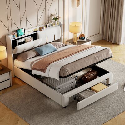 JHY DESIGN Cama Plegable Con Almacenamiento Integrado, Tira De Luz Y Puerto De Carga Usb, Cama Doble De 160 X 200 Cm En Terciopelo Beige, Cargador Estándar Europeo. JHY DESIGN Cama Plegable Con Almacenamiento Integrado, Tira De Luz Y Puerto De Carga Usb, Cama Doble De 160 X 200 Cm En Terciopelo Beige, Cargador Estándar Europeo.
