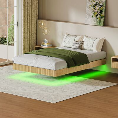 JHY DESIGN Cama Suspendida Moderna Con Paneles Acanalados, Equipada Con Iluminación Ambiental Led Y Estructura De Hierro Plano Reforzado - 140 X 200 Cm - Roble Claro JHY DESIGN Cama Suspendida Moderna Con Paneles Acanalados, Equipada Con Iluminación Ambiental Led Y Estructura De Hierro Plano Reforzado - 140 X 200 Cm - Roble Claro