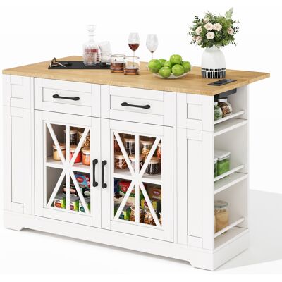 JHY DESIGN Isla De Cocina Portátil De 120 Cm Con Mesa De Comedor Plegable, Almacenamiento Abierto, Toma De Corriente, Puerto Usb, Puerta De Cristal Y Acabado Laminado Ajustable. JHY DESIGN Isla De Cocina Portátil De 120 Cm Con Mesa De Comedor Plegable, Almacenamiento Abierto, Toma De Corriente, Puerto Usb, Puerta De Cristal Y Acabado Laminado Ajustable.