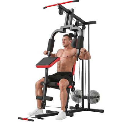 JHY DESIGN Estación De Entrenamiento Con Pesas Multifuncional Con Pesas Libres Y Banco Extraíble, 136x107x205cm, Negro Y Rojo. JHY DESIGN Estación De Entrenamiento Con Pesas Multifuncional Con Pesas Libres Y Banco Extraíble, 136x107x205cm, Negro Y Rojo.