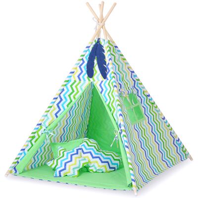 OEM Tienda Tipi Para Niños + Colgantes De Plumas - Estampado De Chevrón Verde Y Azul OEM Tienda Tipi Para Niños + Colgantes De Plumas - Estampado De Chevrón Verde Y Azul
