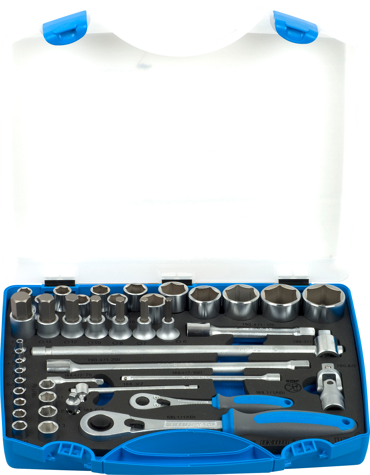 Unior Juego de llaves de vaso  con estuche 1/2"-1/4" 43-piezas Unior Juego de llaves de vaso  con estuche 1/2"-1/4" 43-piezas