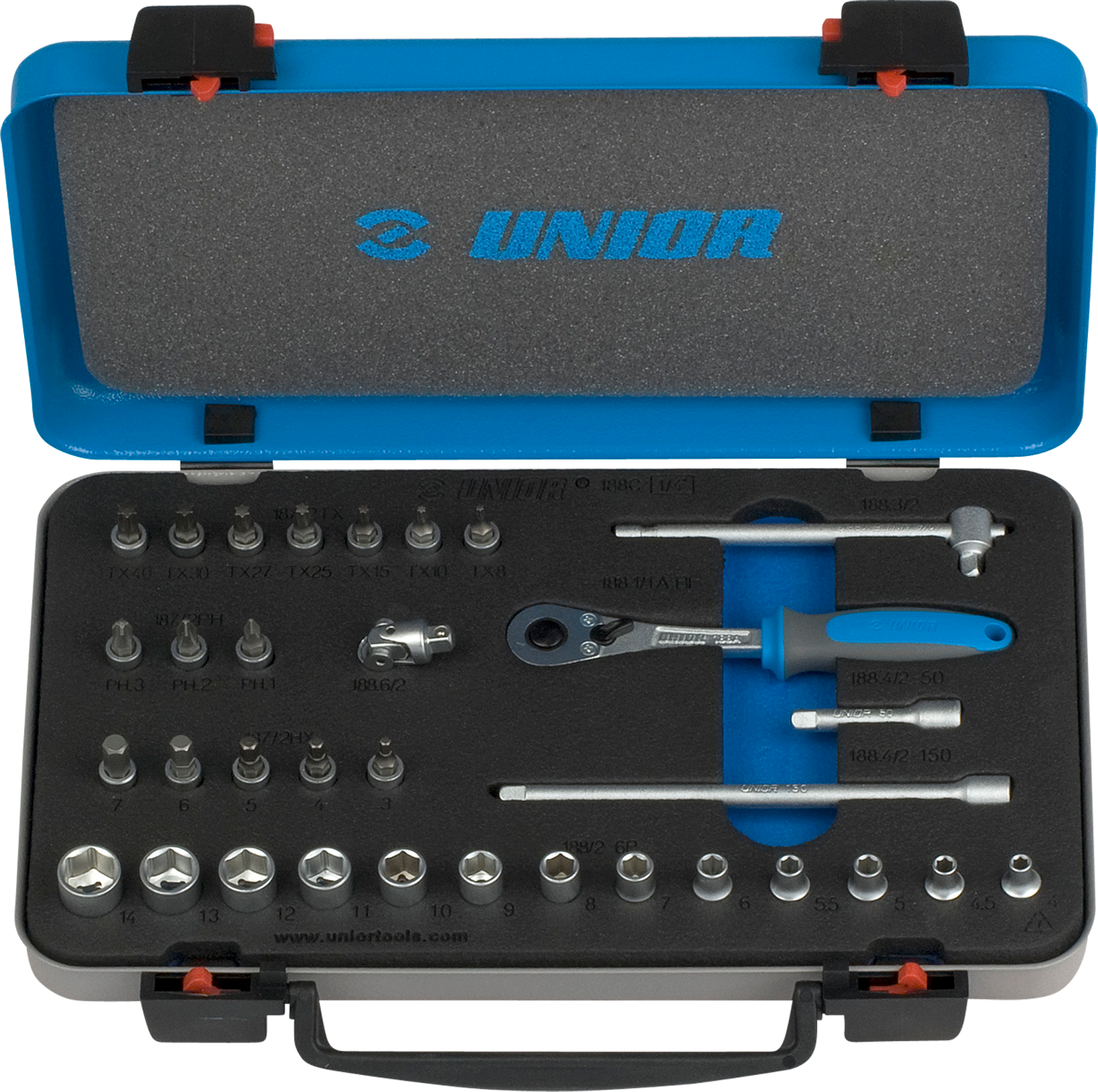 Unior Juego de Vasos y Accesorios  1/4" 33-Piezas Unior Juego de Vasos y Accesorios  1/4" 33-Piezas