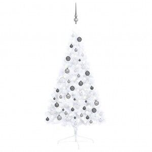 Medio árbol De Navidad Con Luces Y Bolas Blanco 120 Cm