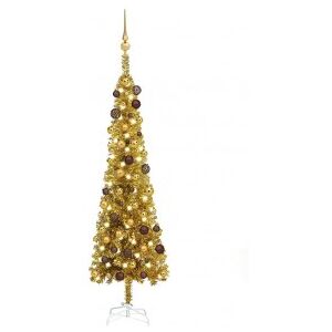 Árbol De Navidad Estrecho Con Leds Y Bolas Dorado 150 Cm