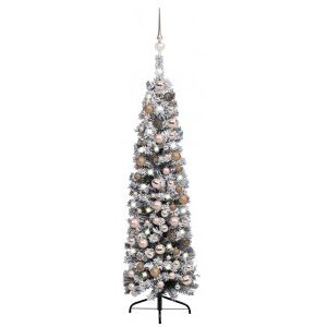 Árbol De Navidad Delgado Con Luces. Bolas Y Nieve Verde 120 Cm