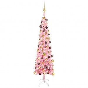 Árbol De Navidad Estrecho Con Leds Y Bolas Rosa 180 Cm