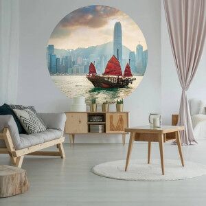 Wallart Círculo De Papel Pintado Skyline With Junk Boat 190 Cm