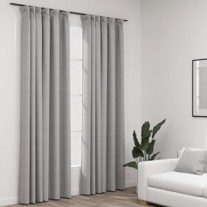 Cortinas Opacas Con Ganchos Look De Lino 2 Pzas Gris 140x245 Cm