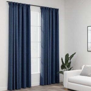 vidaXL Cortinas Opacas Con Ganchos Look De Lino 2 Pzas Azul 140x225 Cm