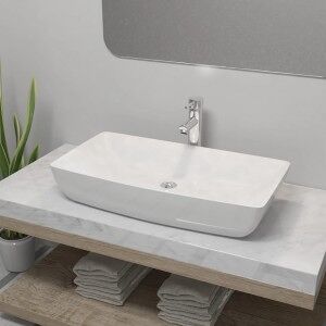 Lavabo De Baño Rectangular Con Grifo Mezclador Cerámica Blanco