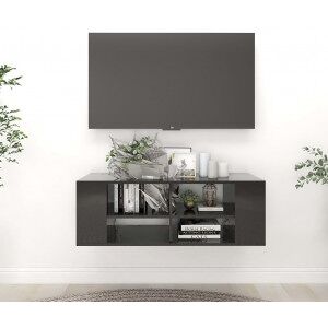 Mueble Pared Tv Madera Contrachapada Negro Brillo 102x35x35 Cm