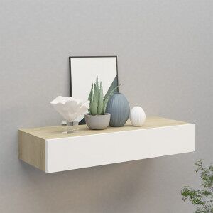 vidaXL Estante Con Cajón De Pared Mdf Roble Y Blanco 60x23.5x10 Cm