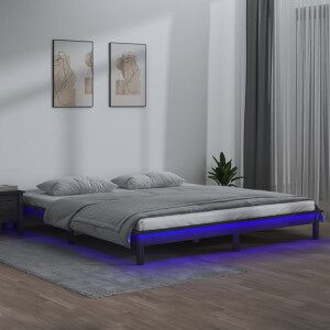 Estructura De Cama Con Led Madera Maciza Gris 140x190 Cm