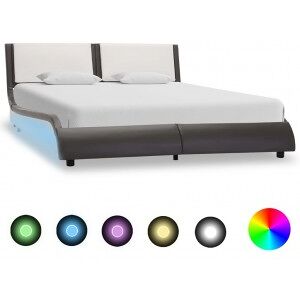 Estructura Cama Con Led Cuero Sintético Gris Blanco 140x200 Cm