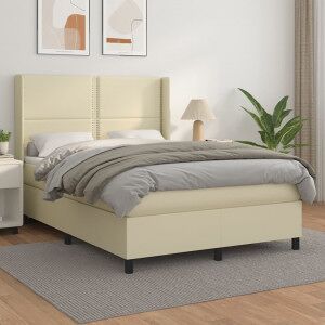 Cama Box Spring Con Colchón Cuero Sintético Crema 140x200cm