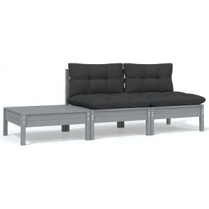 Juego Muebles De Jardín 3 Pzas Cojines Gris Madera Pino Maciza