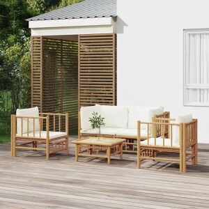 Set De Muebles De Jardín 5 Piezas Bambú Y Cojines Blanco Crema