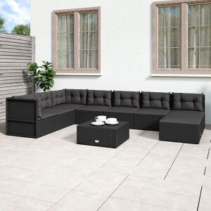 Set De Muebles De Jardín 8 Pzas Y Cojines Ratán Sintético Negro