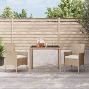 Set Comedor De Jardín 3 Pzas Con Cojines Ratán Sintético Beige