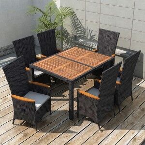 Set Comedor De Jardín 7 Piezas Ratán Sintético Y Madera Negro