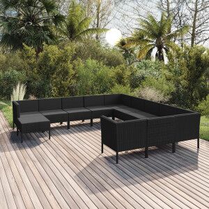 Set Muebles De Jardín 12 Pzas Y Cojines Ratán Sintético Negro