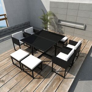 Set Comedor De Jardín 9 Piezas Y Cojines Ratán Sintético Negro