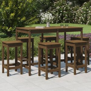 Mesa Y Taburetes Altos De Jardín 7 Pzas Madera Pino Marrón Miel