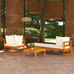 Muebles De Jardín 3 Pzas Con Cojines Crema Madera De Acacia