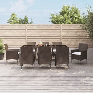 Set Comedor Para Jardín 9 Pzas Y Cojines Ratán Sintético Marrón