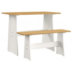 Mesa De Comedor Con Banco Madera Maciza Marrón Miel Y Blanco