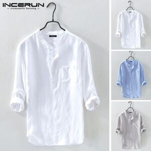 AliExpress INCERUN-Camisa de algodón para hombre, Camisa Masculina de manga 3/4 con cuello levantado, estilo