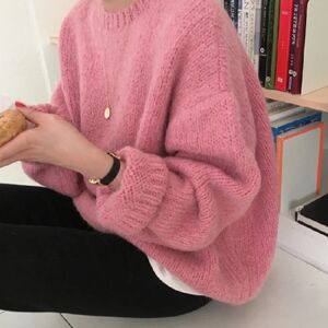 AliExpress Suéter rosa de manga larga para mujer, suéteres de punto holgados, prendas de vestir exteriores