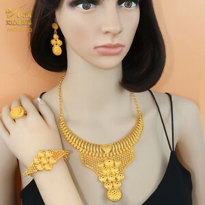 AliExpress ANIID-Conjunto de joyería de oro de 24K para mujer, Gargantilla, collar, pendientes, anillo, fiesta,