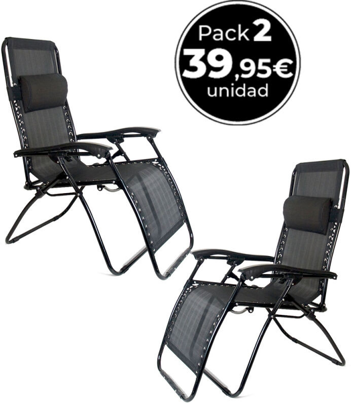 RegalosMiguel Pack 2 Tumbonas Reclinables 177X65X113 Negras