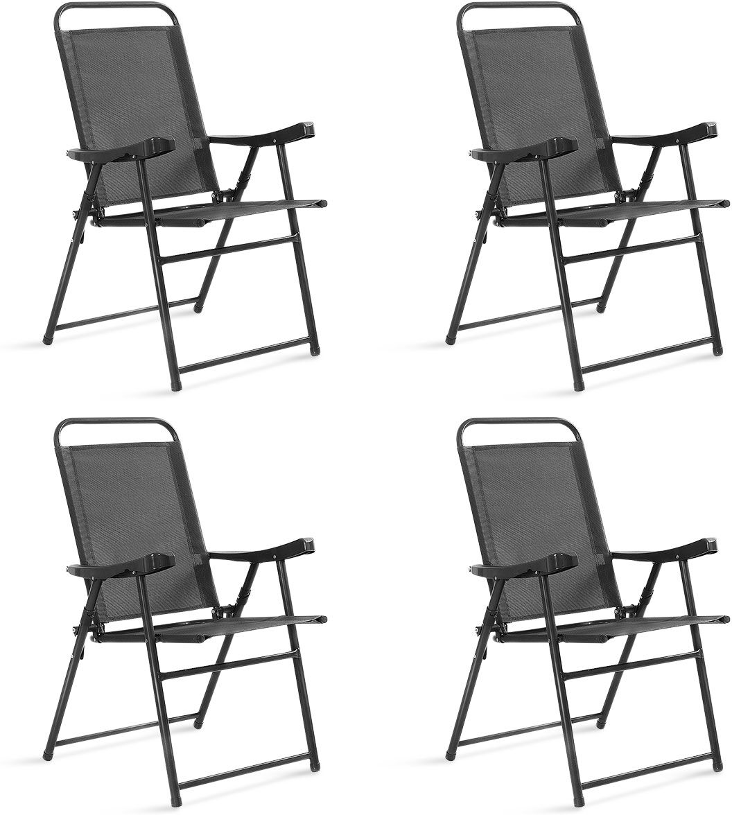 Costway Equipo de 4 Sillas Plegables de Exterior con Reposabrazos y Tejido Transpirable  para Piscina Césped Patio Gris Oscuro 64 x 55 x 92 cm Costway Equipo de 4 Sillas Plegables de Exterior con Reposabrazos y Tejido Transpirable  para Piscina Césped Patio Gris Oscuro 64 x 55 x 92 cm