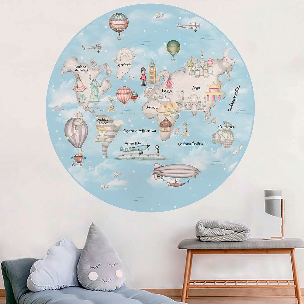 imda Vinilo infantil "Mapamundi travel gris" fondo azul (Vinilos: Diámetro de 150cm) imda Vinilo infantil "Mapamundi travel gris" fondo azul (Vinilos: Diámetro de 150cm)
