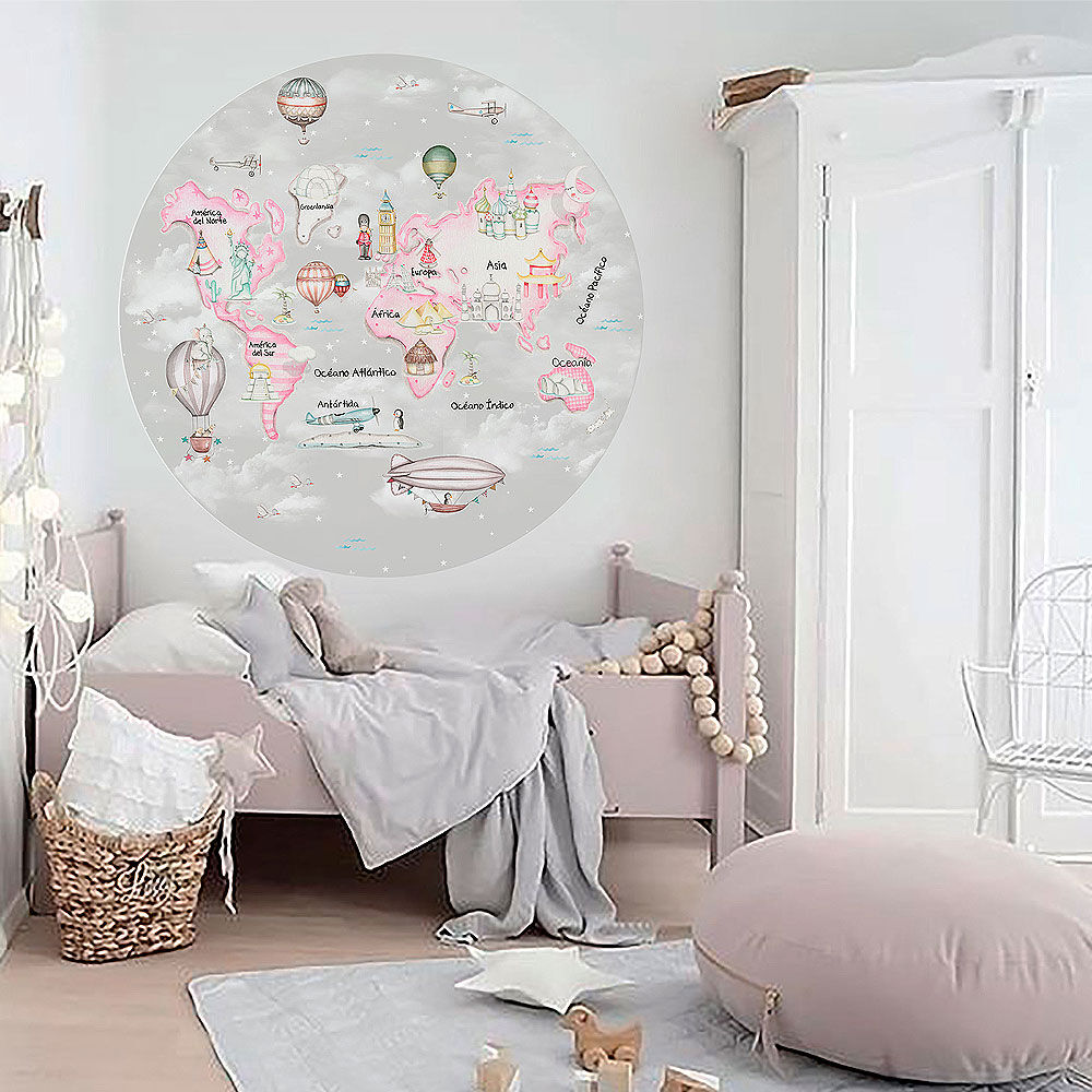imda Vinilo infantil "Mapamundi travel rosa" fondo gris (Vinilos: Diámetro de 100cm) imda Vinilo infantil "Mapamundi travel rosa" fondo gris (Vinilos: Diámetro de 100cm)