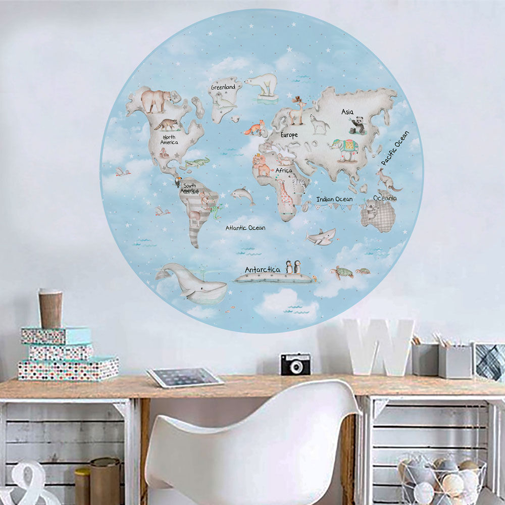 imda Vinilo infantil "Mapamundi gris fondo azul" (Vinilos: Diámetro de 150cm)