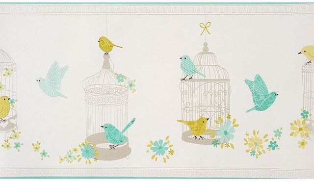 Cenefa de papel pintado Jaulas y pájaros turquesa Cenefa de papel pintado Jaulas y pájaros turquesa