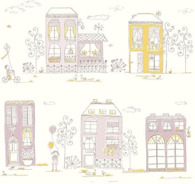 Papel pintado Casitas mostaza y malva Papel pintado Casitas mostaza y malva