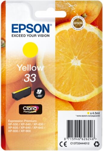 Epson Cartucho de tinta original EPSON, 33, Naranjas 4,5 ml , Amarillo, Estándar, C13T33444012, T3344 Epson Cartucho de tinta original EPSON, 33, Naranjas 4,5 ml , Amarillo, Estándar, C13T33444012, T3344