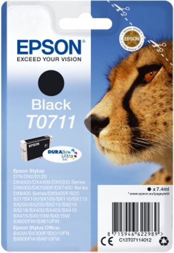 Epson Cartucho de tinta original EPSON T0711, Guepardo 7,4 ml , Negro, C13T07114012 Epson Cartucho de tinta original EPSON T0711, Guepardo 7,4 ml , Negro, C13T07114012