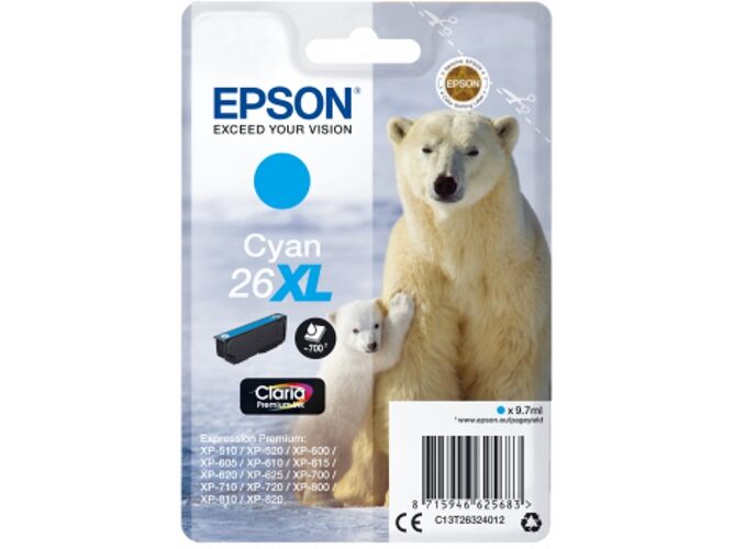 Epson Cartucho de tinta original EPSON, 26XL, Oso polar 9,7 ml , Cian, C13T26324012, T2632