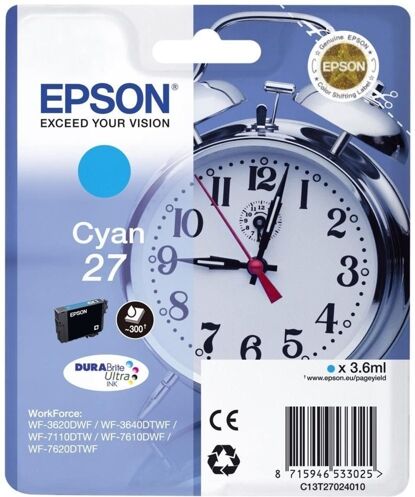 Epson Cartucho de tinta original EPSON 27, Despertador 3,6 ml , Cian, C13T27024022, T2702