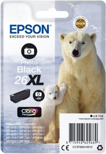 Epson Cartucho de tinta original EPSON, 26XL, Oso polar 8,7 ml , Negro foto, C13T26314012, T2631 Epson Cartucho de tinta original EPSON, 26XL, Oso polar 8,7 ml , Negro foto, C13T26314012, T2631