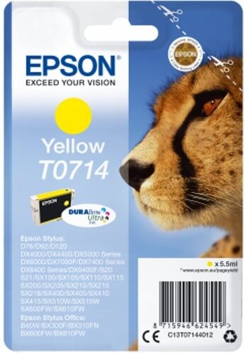 Epson Cartucho de tinta original EPSON T0714, Guepardo 5,5 ml , Amarillo, C13T07144012 Epson Cartucho de tinta original EPSON T0714, Guepardo 5,5 ml , Amarillo, C13T07144012
